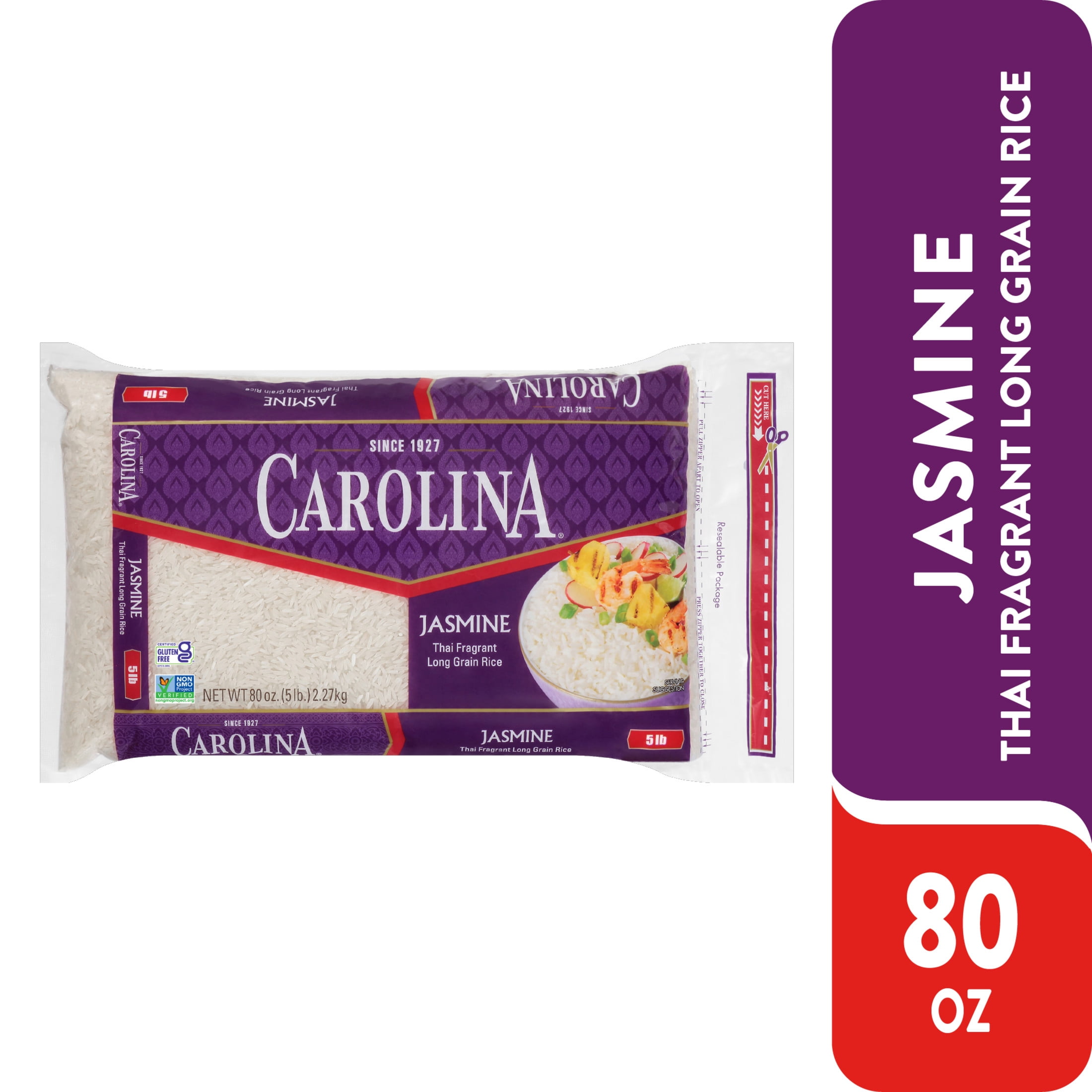 Carolina Jasmine Rice, Thai Fragrant Long Grain Rice, Gluten Free, 5 lb Bag