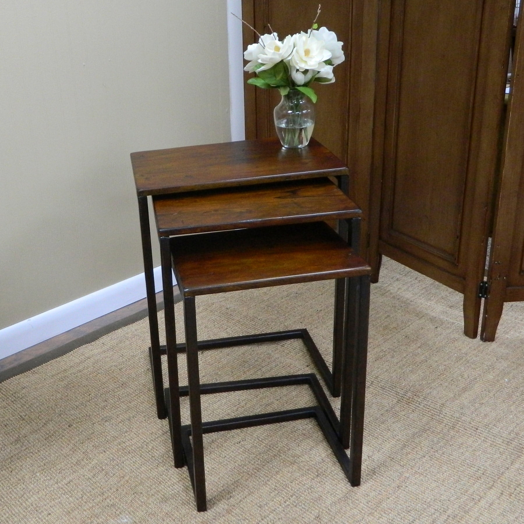 Chestnut and Black Wood Metal Nesting Tables Set of 3