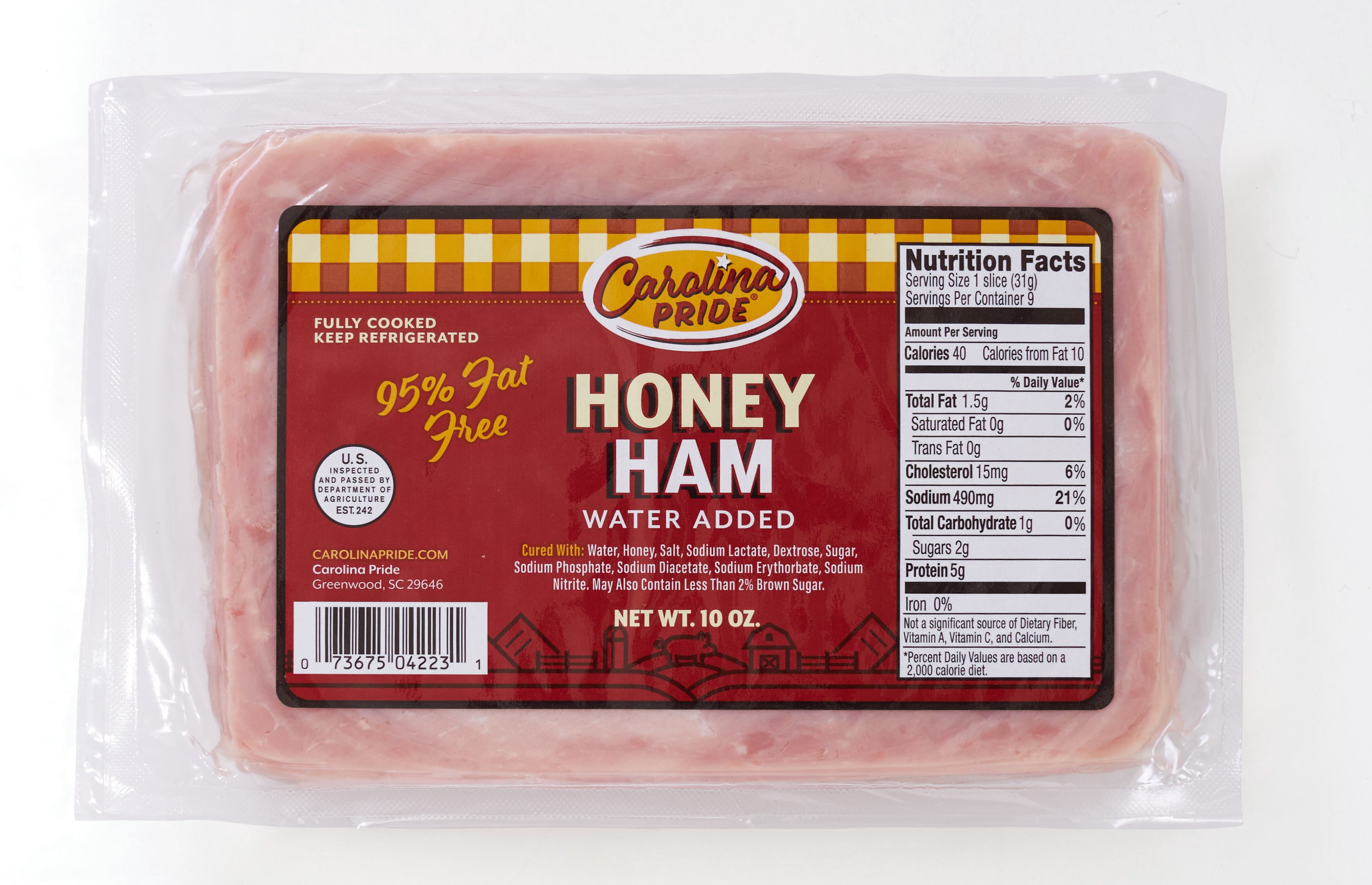 Carolina Pride Honey Ham, Water Added, 10 oz – 95% Fat Free Sliced Ham for Sandwiches and Snacks