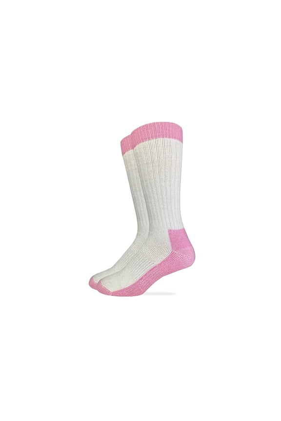 Ladies Heavyweight Merino Wool Blend Boot Socks, White/Pink, (M) Shoe Size 6-9, 1 Pair