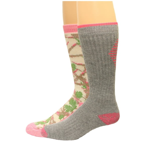 Carolina Ultimate Outdoor Obsession Ladies Merino Wool Crew Sock 2 Pair, Pink Camo / Grey, Women's 6-9