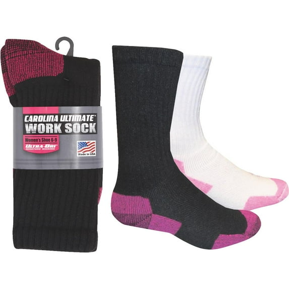 Carolina Ultimate Women's Crew Work Sock, 2 Pair, Black/White, Women's 6-9 Shoe