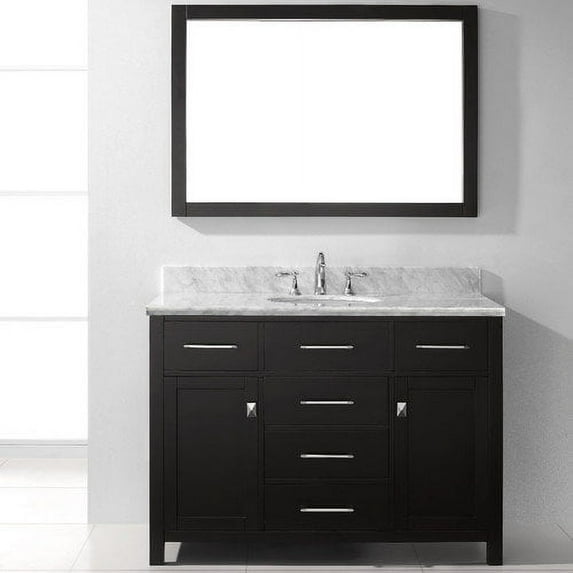 Caroline 48" Single Bath Vanity in Grey with Black Galaxy Granite Top and Round Sink with Polished Chrome Faucet and Mirror