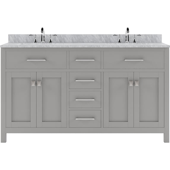 Caroline 60" Double Bath Vanity in Cashmere Gray with White Marble Top and Square Sinks with Brushed Nickel Faucets