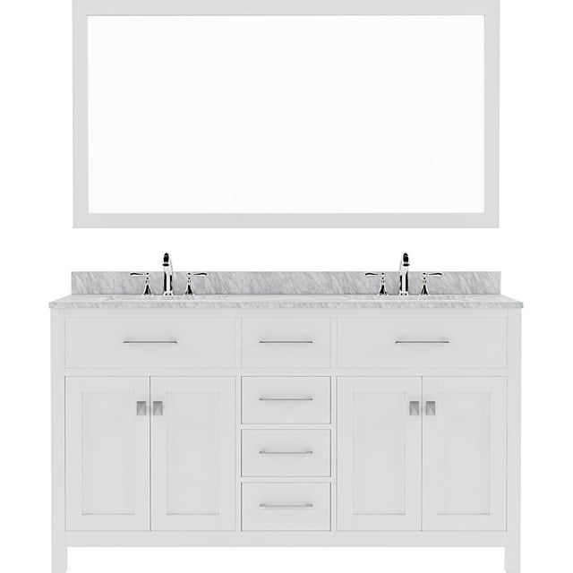 Caroline 60" Double Bath Vanity in White with White Marble Top and Square Sinks with Matching Mirror