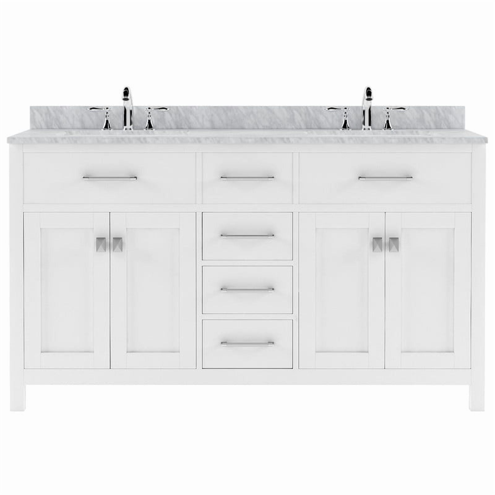 Caroline 60" Double Bath Vanity in White with White Marble Top and Square Sinks