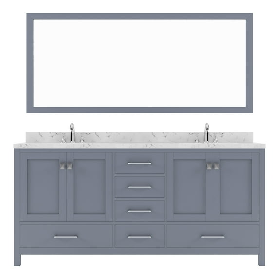 Caroline Avenue 72" Double Bath Vanity in Gray with Cultured Marble Quartz Top and Square Sinks with Brushed Nickel Faucets with Matching Mirror