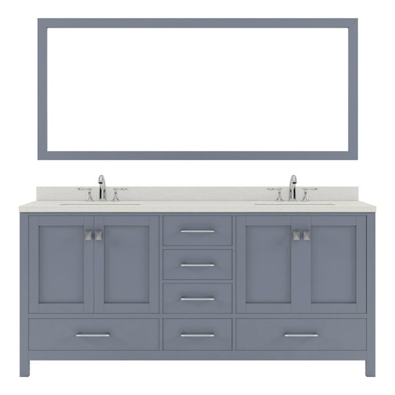 Caroline Avenue 72" Double Bath Vanity in Gray with White Quartz Top and Round Sinks with Brushed Nickel Faucets with Matching Mirror