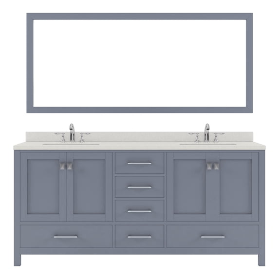 Caroline Avenue 72" Double Bath Vanity in Gray with White Quartz Top and Square Sinks with Polished Chrome Faucets with Matching Mirror