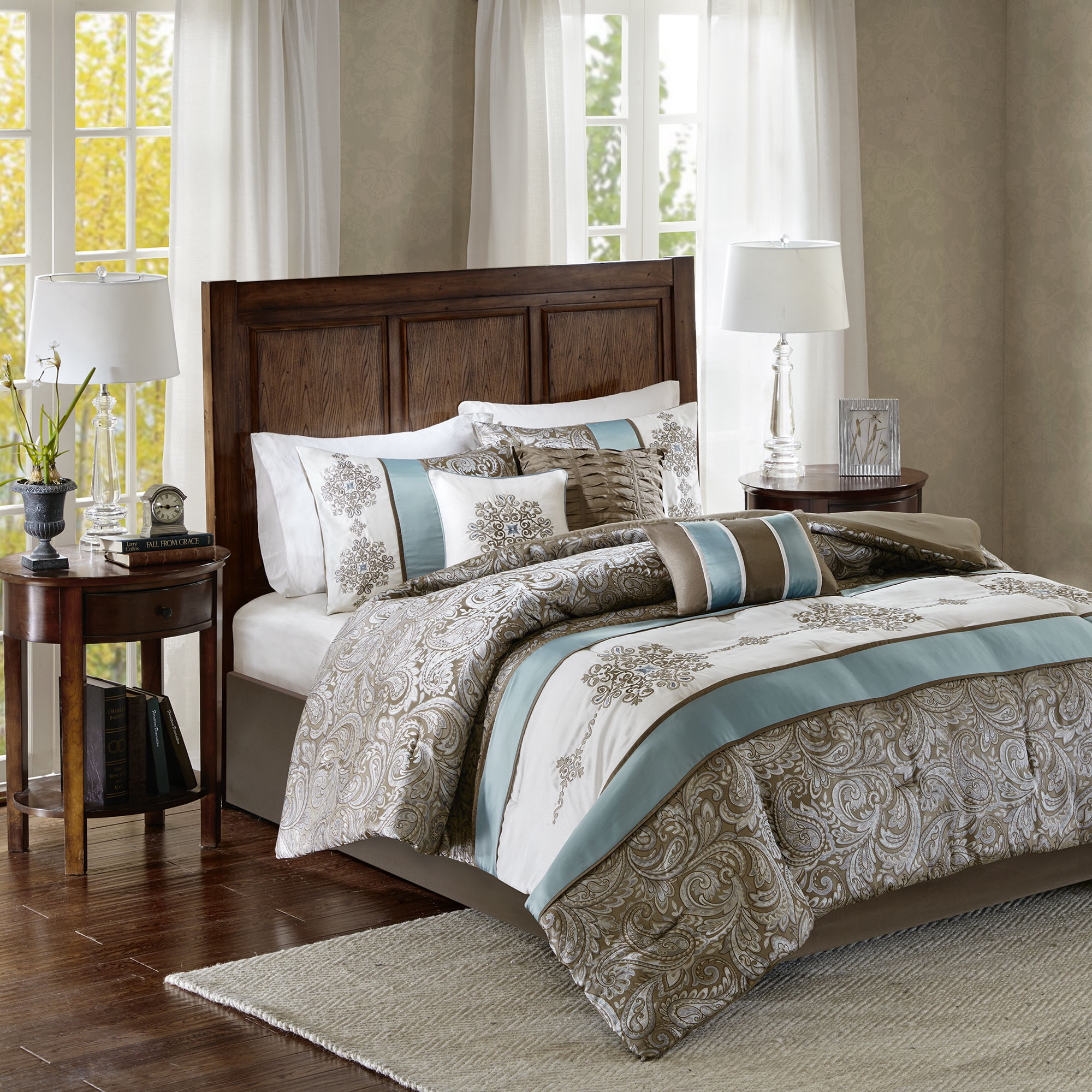 Caroline Jacquard 7 Piece Comforter Set Blue Queen - Walmart.com