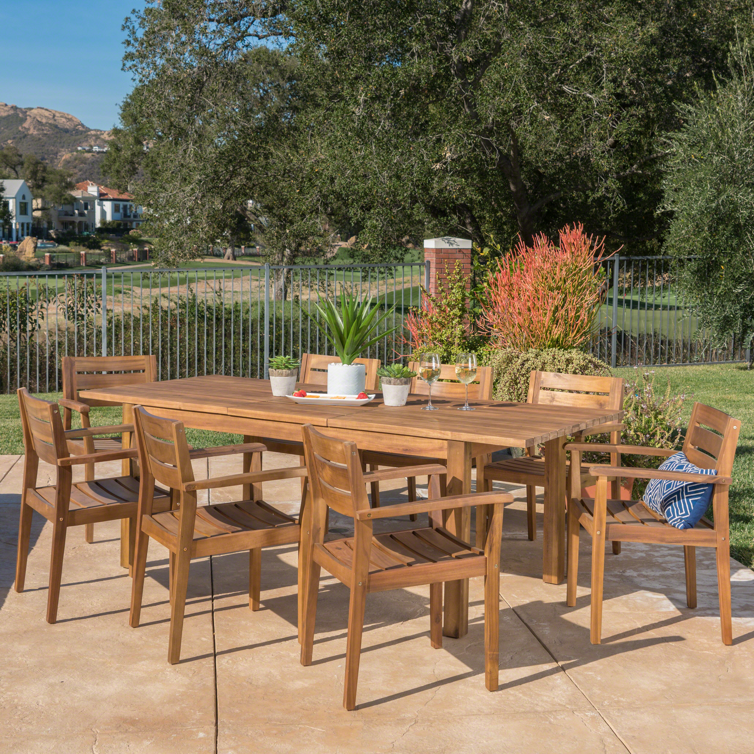 Caroline Outdoor 9-Piece Acacia Wood Dining Set with Expandable Dining Table, Teak Finish - image 1 of 6