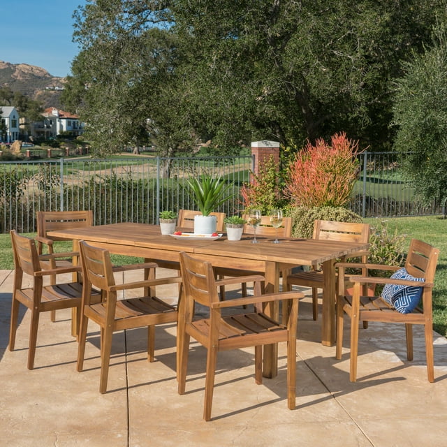 Caroline Outdoor 9-Piece Acacia Wood Dining Set with Expandable Dining Table, Teak Finish