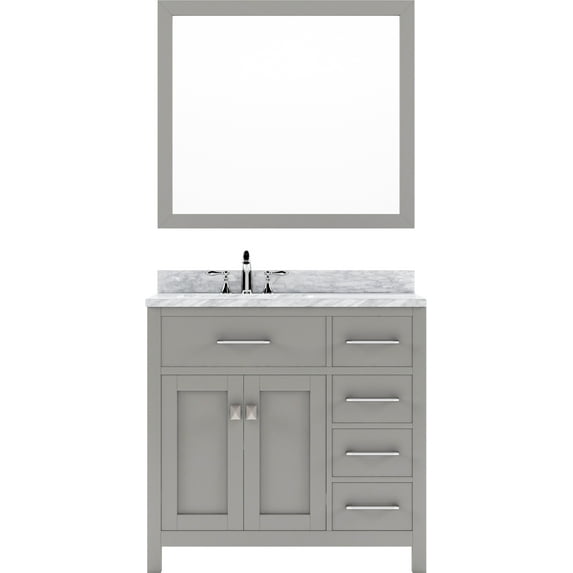 Caroline Parkway 36" Single Bath Vanity in Cashmere Gray with White Marble Top and Round Sink with Polished Chrome Faucet with Matching Mirror
