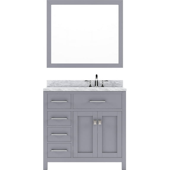 Caroline Parkway 36" Single Bath Vanity in Gray with White Marble Top and Square Sink with Brushed Nickel Faucet with Matching Mirror