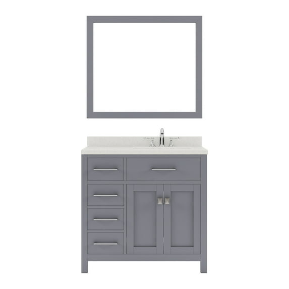Caroline Parkway 36" Single Bath Vanity in Gray with White Quartz Top and Round Sink with Matching Mirror