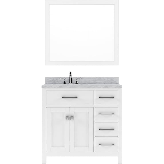 Caroline Parkway 36" Single Bath Vanity in White with White Marble Top and Square Sink with Matching Mirror