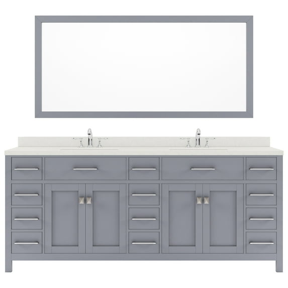 Caroline Parkway 78" Double Bath Vanity in Gray with White Quartz Top and Square Sinks with Brushed Nickel Faucets with Matching Mirror