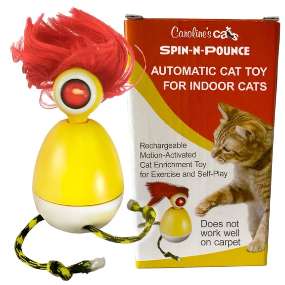 Caroline's Cats Automatic Cat Toy - Rechargeable Spin-N-Pounce with Touch Sensor, Silent Motor, 360-Degree Rotation, Interactive Kitten Toys for Indoor Cats, Encourages Self-Play and Exercise