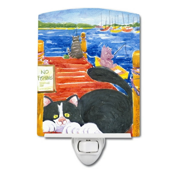 Caroline's Treasures 6001CNL Cat Fishing from the dock Ceramic Night Light, 6x4x3", multicolor