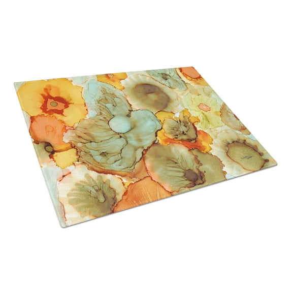 Caroline's Treasures Abstract Flowers Teal and orange Glass Cutting Board Large