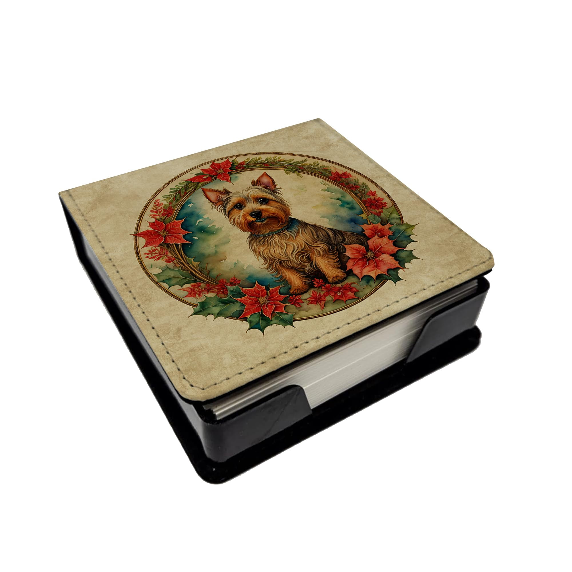 Caroline's Treasures Australian Terrier Christmas Flowers PU Leather Note Paper Holder with Artist-Designed Cover, Desk Accessory, Office Gift