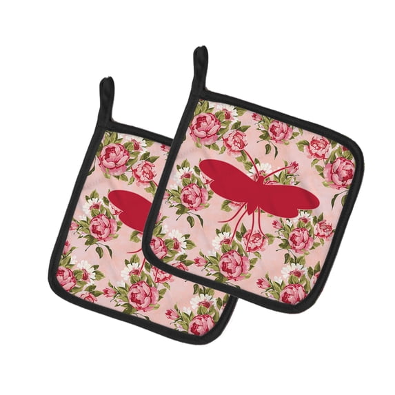 Moth Shabby Chic Pink Roses Pair of Pot Holders