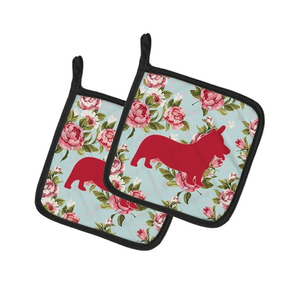 Caroline's Treasures BB1069-RS-BU-PTHD Corgi Shabby Chic Blue Roses Pair of Pot Holders , 7.5HX7.5W, multicolor