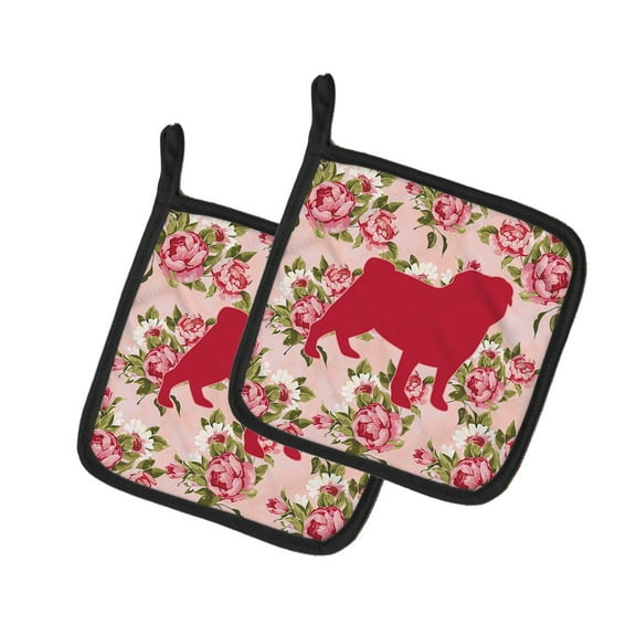 Caroline's Treasures BB1112-RS-PK-PTHD Pug Shabby Chic Pink Roses Pair of Pot Holders , 7.5HX7.5W, multicolor
