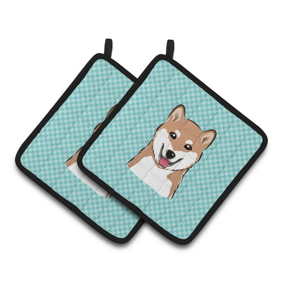 Caroline's Treasures BB1163PTHD Checkerboard Blue Shiba Inu Pair of Pot Holders , 7.5HX7.5W, multicolor