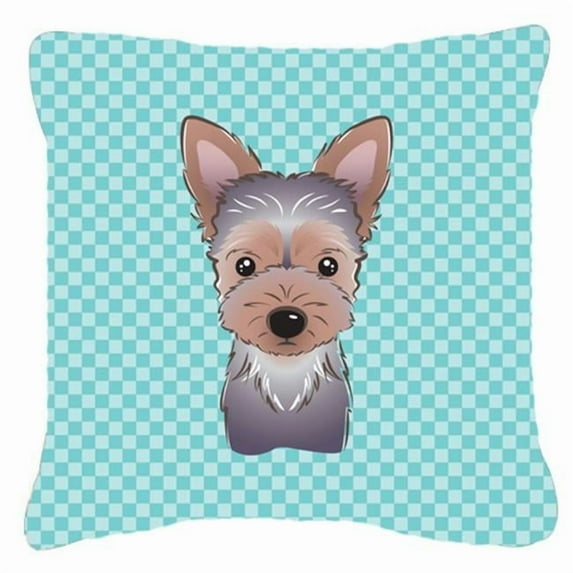 Caroline's Treasures BB1170PW1818 Checkerboard Blue Yorkie Puppy Canvas Fabric Decorative Pillow , 18H x18W, multicolor