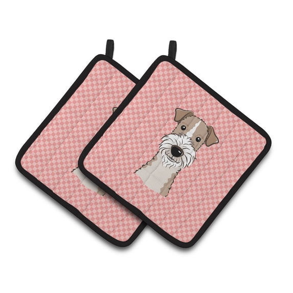 Caroline's Treasures BB1247PTHD Checkerboard Pink Wire Haired Fox Terrier Pair of Pot Holders , 7.5HX7.5W, multicolor
