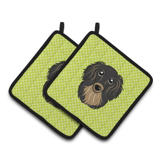 Caroline's Treasures BB1275PTHD Checkerboard Lime Green Longhair Black and Tan Dachshund Pair of Pot Holders ,