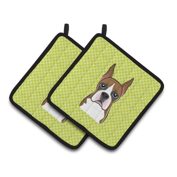 Caroline's Treasures BB1285PTHD Checkerboard Lime Green Boxer Pair of Pot Holders , 7.5HX7.5W, multicolor