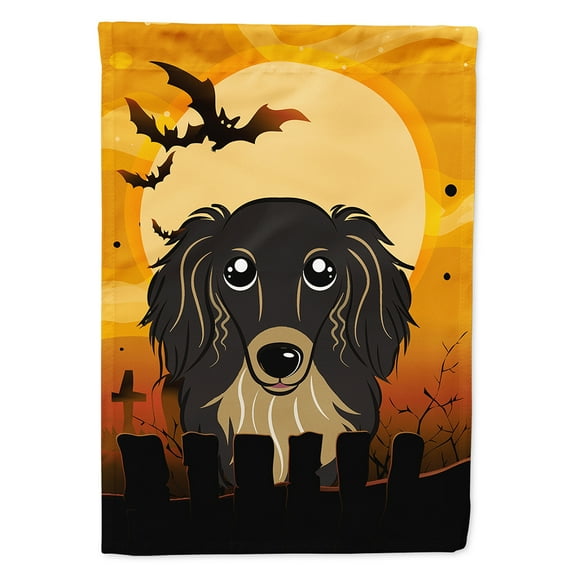 Caroline's Treasures BB1771CHF Halloween Longhair Black and Tan Dachshund Flag Canvas House Size , Large, multicolor