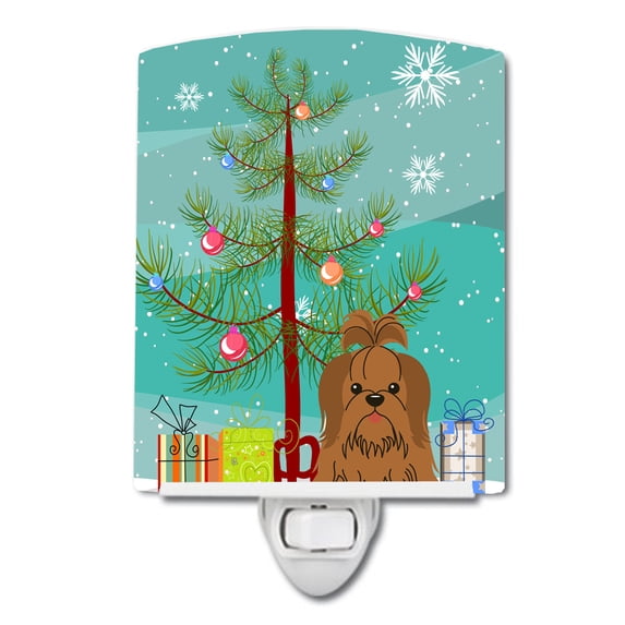 Caroline's Treasures BB4211CNL Merry Christmas Tree Shih Tzu Silver Chocolate Ceramic Night Light, 6x4x3", multicolor