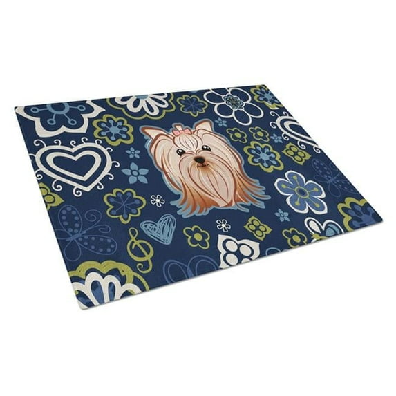 Caroline's Treasures BB5055LCB Blue Flowers Yorkie Yorkishire Terrier Glass Cutting Board Large, 12H x 16W, multicolor