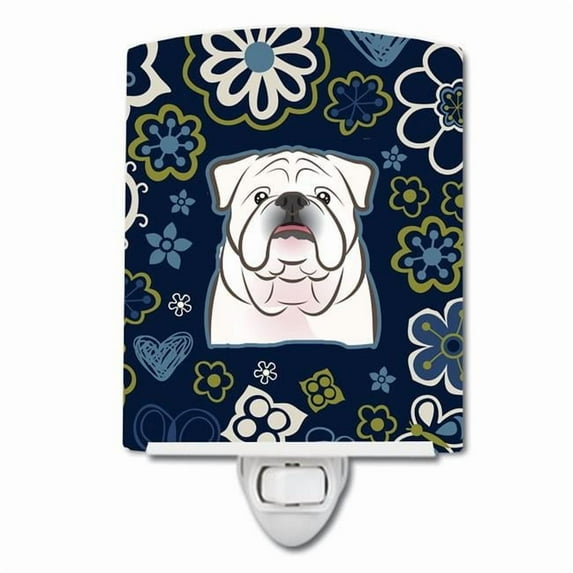 Caroline's Treasures BB5071CNL Blue Flowers White English Bulldog Ceramic Night Light, 6x4x3", multicolor