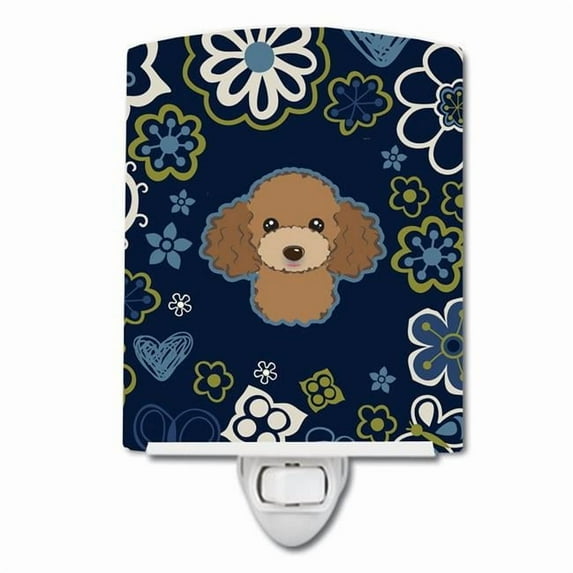 Caroline's Treasures BB5107CNL Blue Flowers Chocolate Brown Poodle Ceramic Night Light, 6x4x3", multicolor