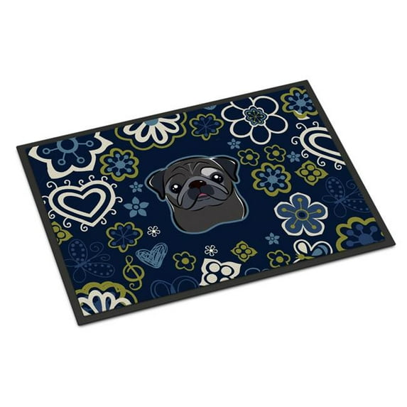 Caroline's Treasures BB5114MAT Blue Flowers Black Pug Door Mat, Indoor Rug or Outdoor Welcome Mat 18x27 Doormat , 27"L x