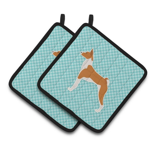 Basenji Checkerboard Blue Pair of Pot Holders