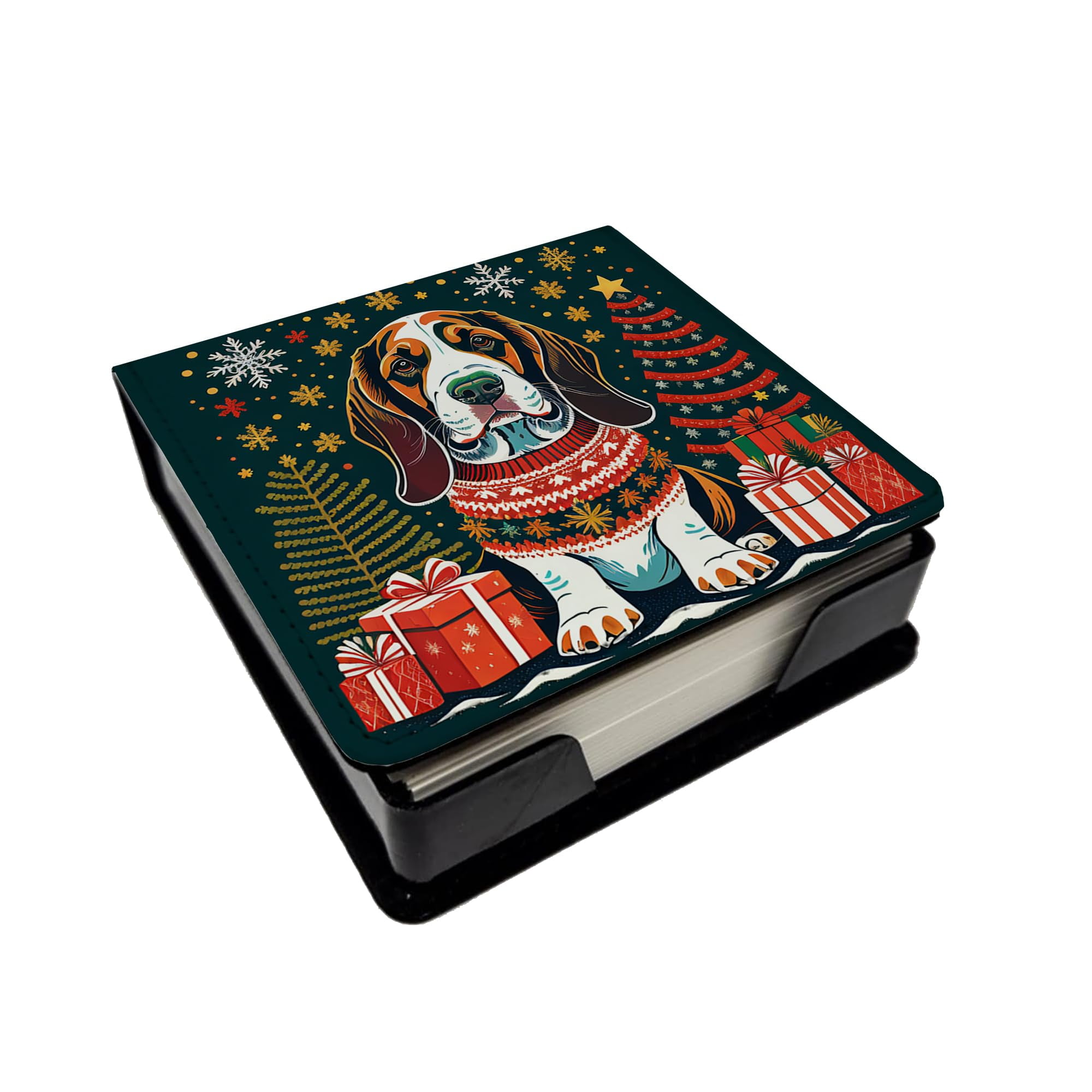 Caroline's Treasures Basset Hound Christmas PU Leather Note Paper Holder with Artist-Designed Cover, Desk Accessory, Office Gift