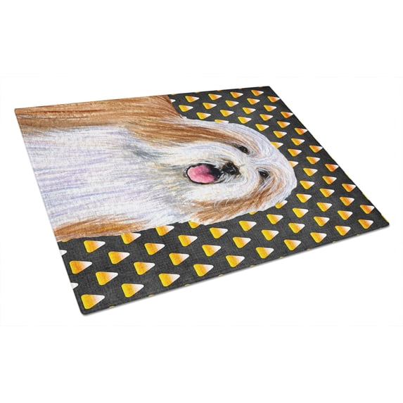 Caroline's Treasures Bearded Collie Candy Corn Halloween Portrait Glass Cutting Board Large