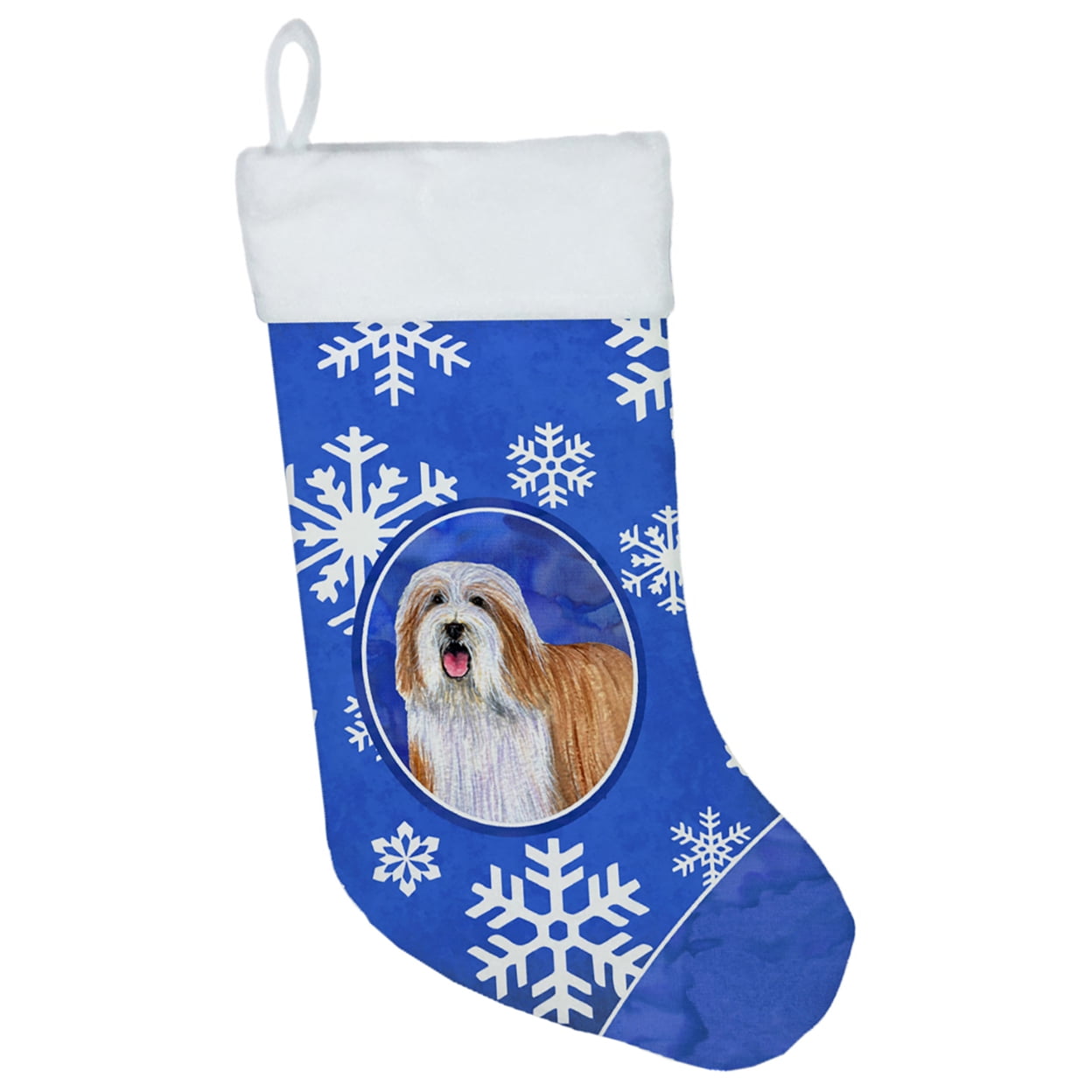 Caroline's Treasures Bearded Collie Winter Snowflakes Multi-color Christmas Stocking, with Soft Suede Fabric 18"