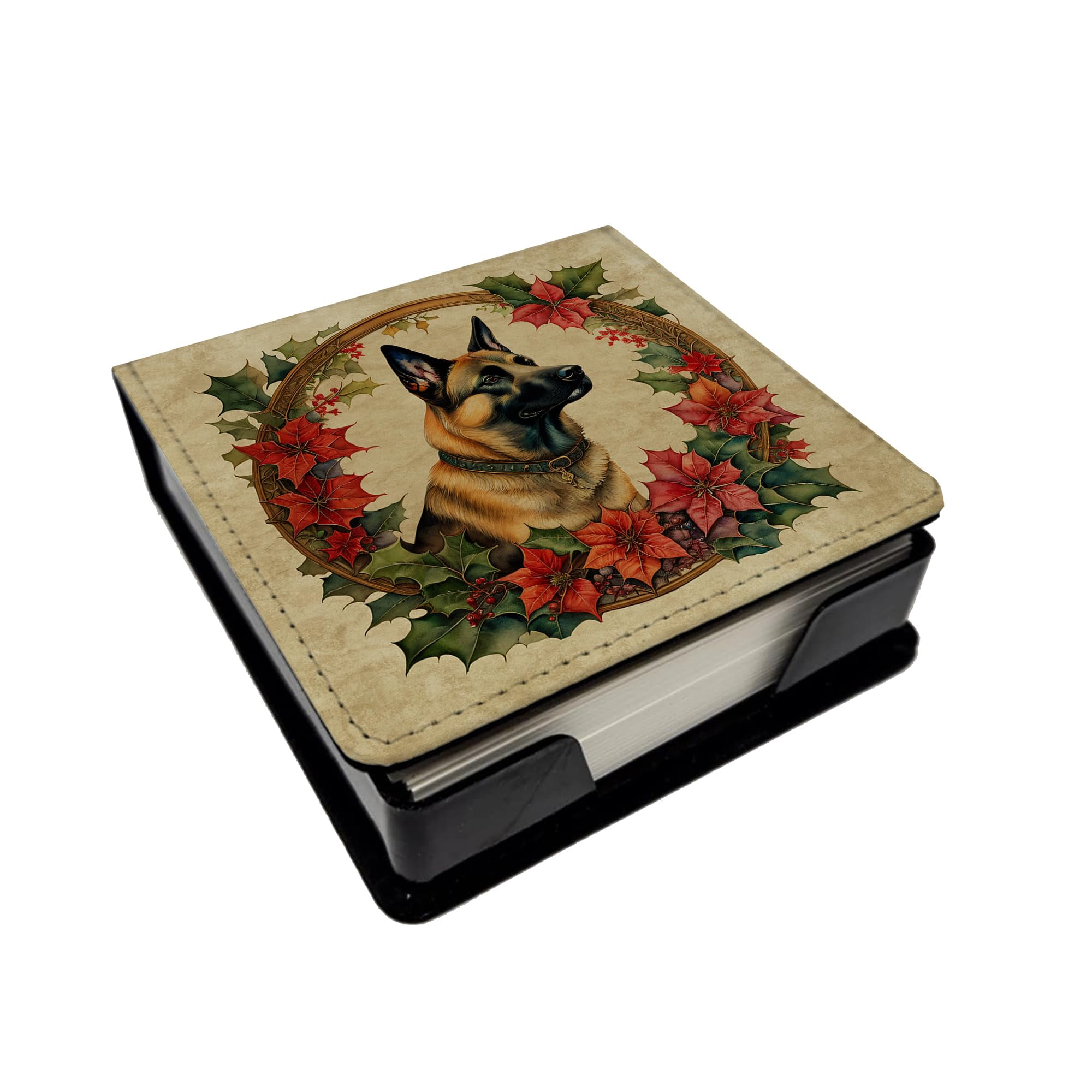 Caroline's Treasures Belgian Malinois Christmas Flowers PU Leather Note Paper Holder with Artist-Designed Cover, Desk Accessory, Office Gift
