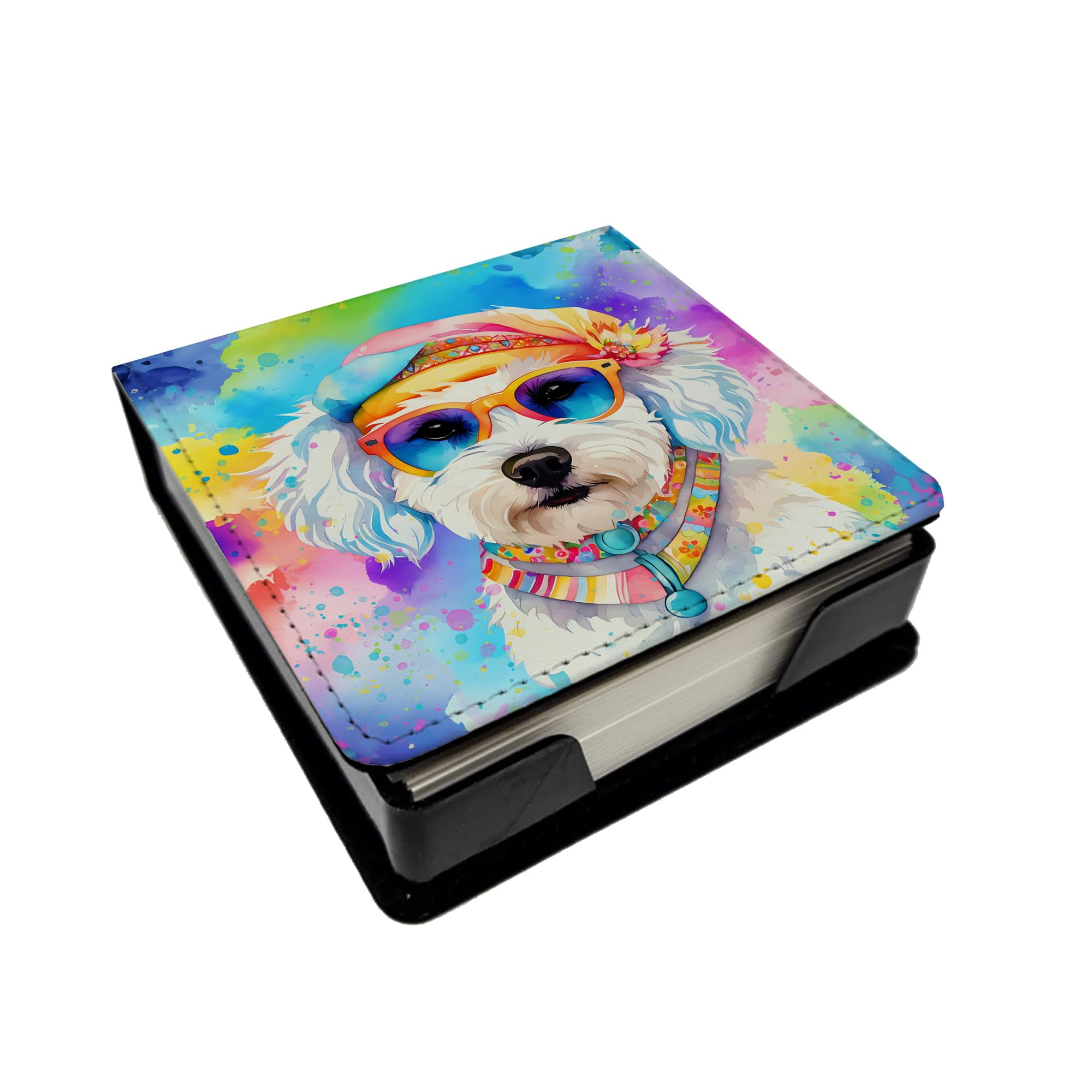 Caroline's Treasures Bichon Frise Hippie Dawg PU Leather Note Paper Holder with Artist-Designed Cover, Desk Accessory, Office Gift