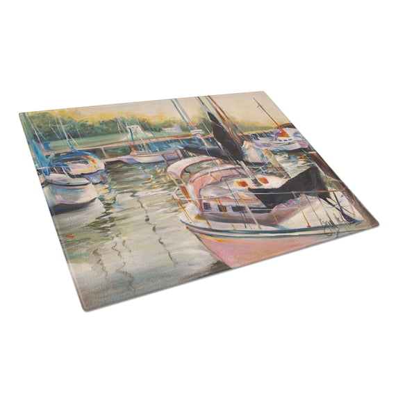 Caroline's Treasures Black Sails Sailboat Glass Cutting Board Large