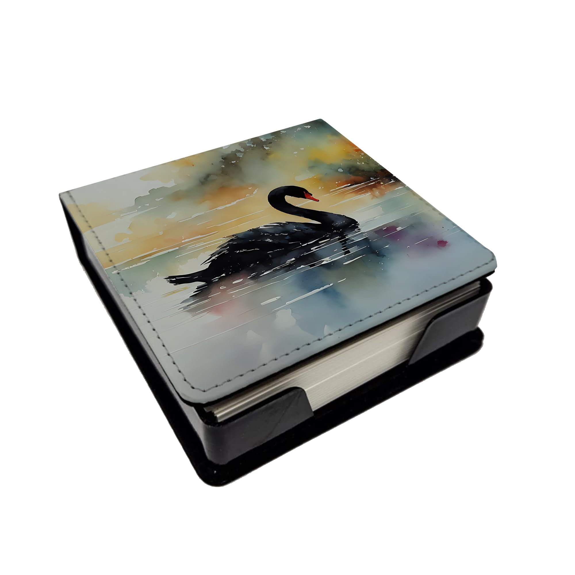 Caroline's Treasures Black Swan PU Leather Note Paper Holder with Artist-Designed Cover, Desk Accessory, Office Gift
