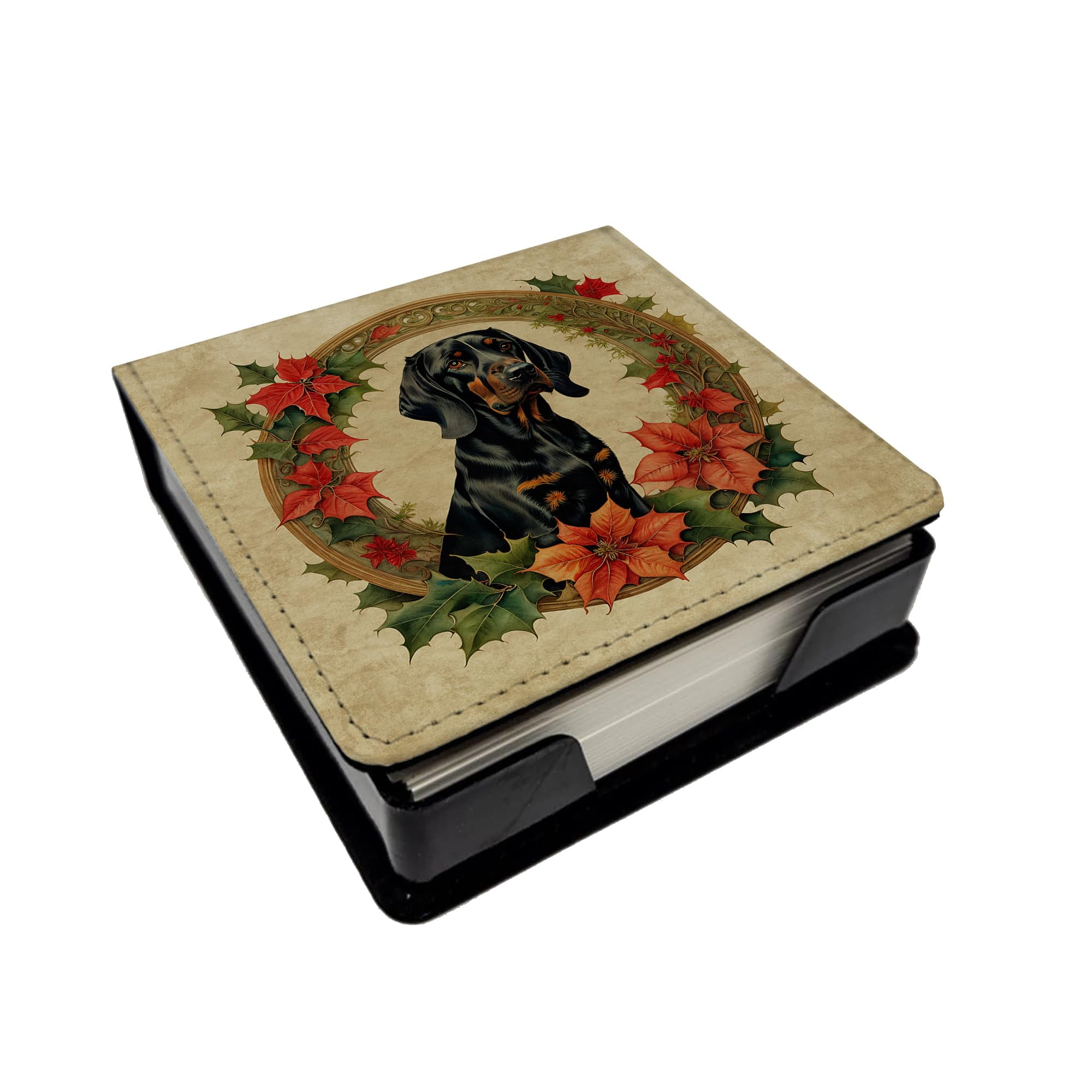 Caroline's Treasures Black and Tan Coonhound Christmas Flowers PU Leather Note Paper Holder with Artist-Designed Cover, Desk Accessory, Office Gift