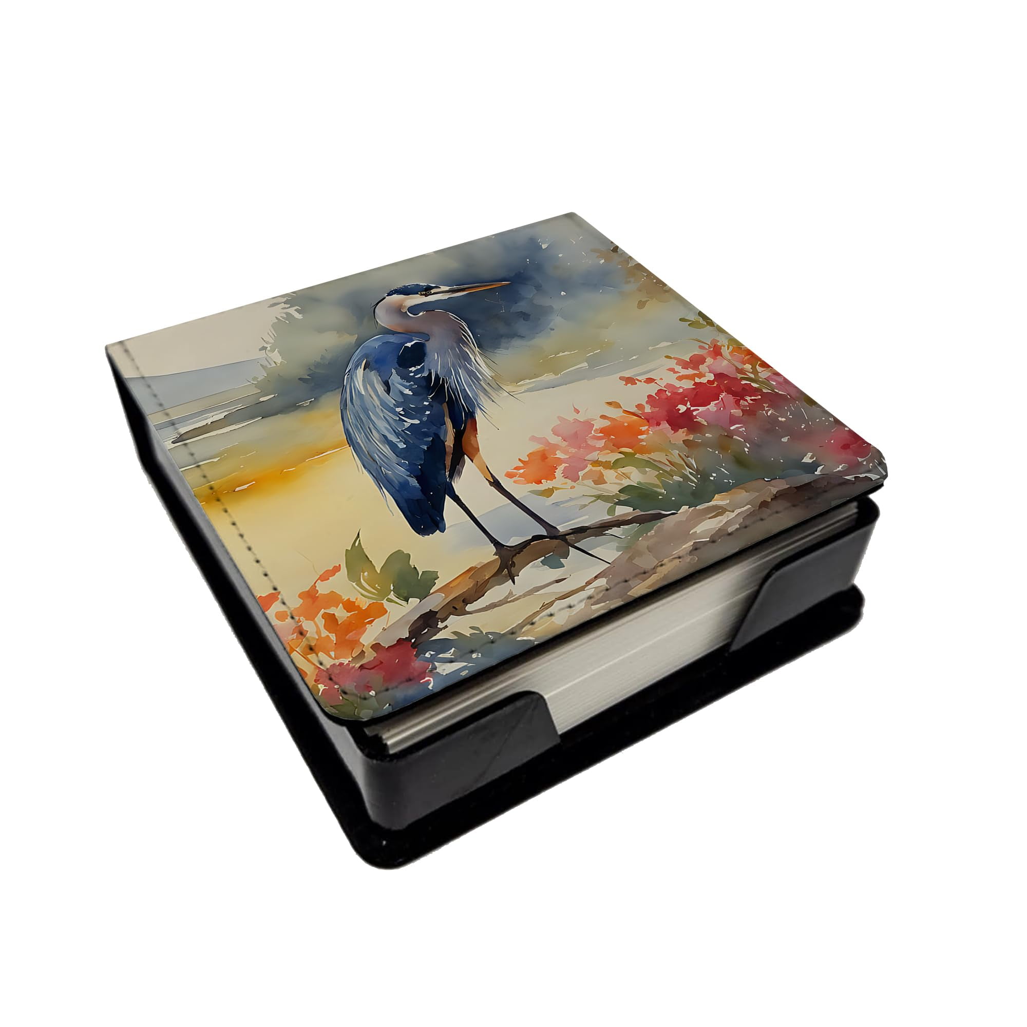 Caroline's Treasures Blue Heron PU Leather Note Paper Holder with Artist-Designed Cover, Desk Accessory, Office Gift