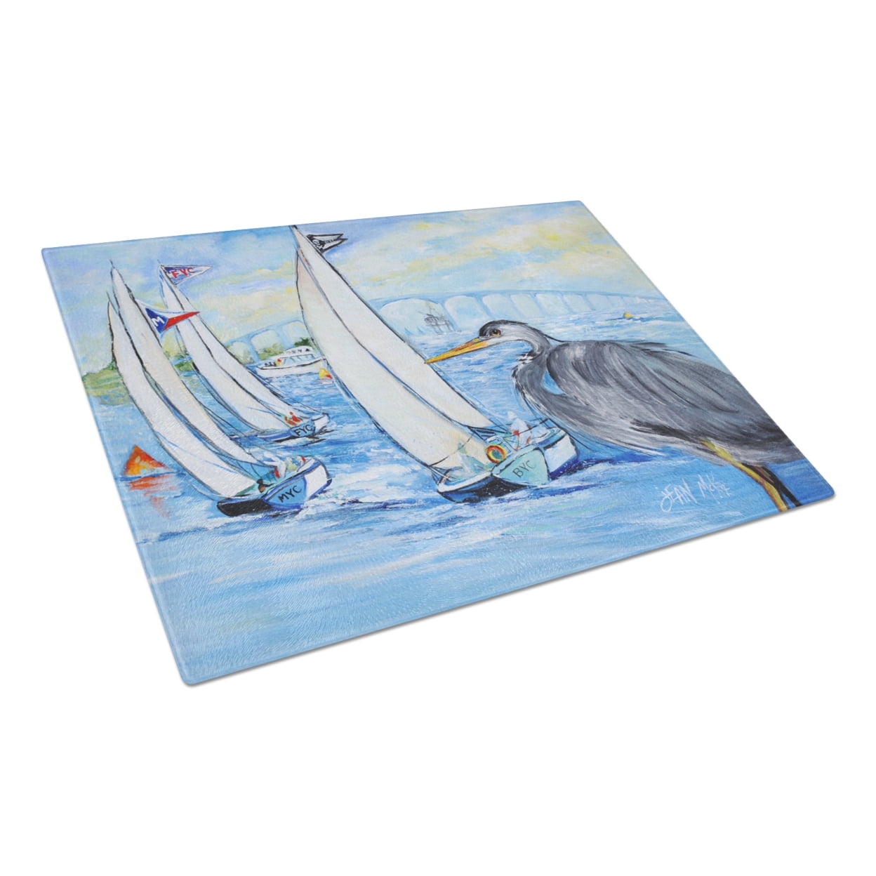 Blue Heron Sailboats Dog River Bridge Glass Cutting Board Large